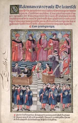 Reitor de comerciantes e vereadores de Paris, cena da arrecadação de impostos, página de rosto de &39;Ordens Reais da Jurisdição da Previdência dos Mercadores e Echevinage da Cidade de Paris&39;, 1501, ed.